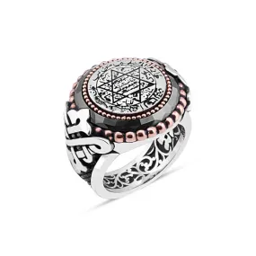 Black Onyx Rim Around Enameled Solomon's Seal Men's Ring Circle Silver Men's Ring Siding Triangular Braid