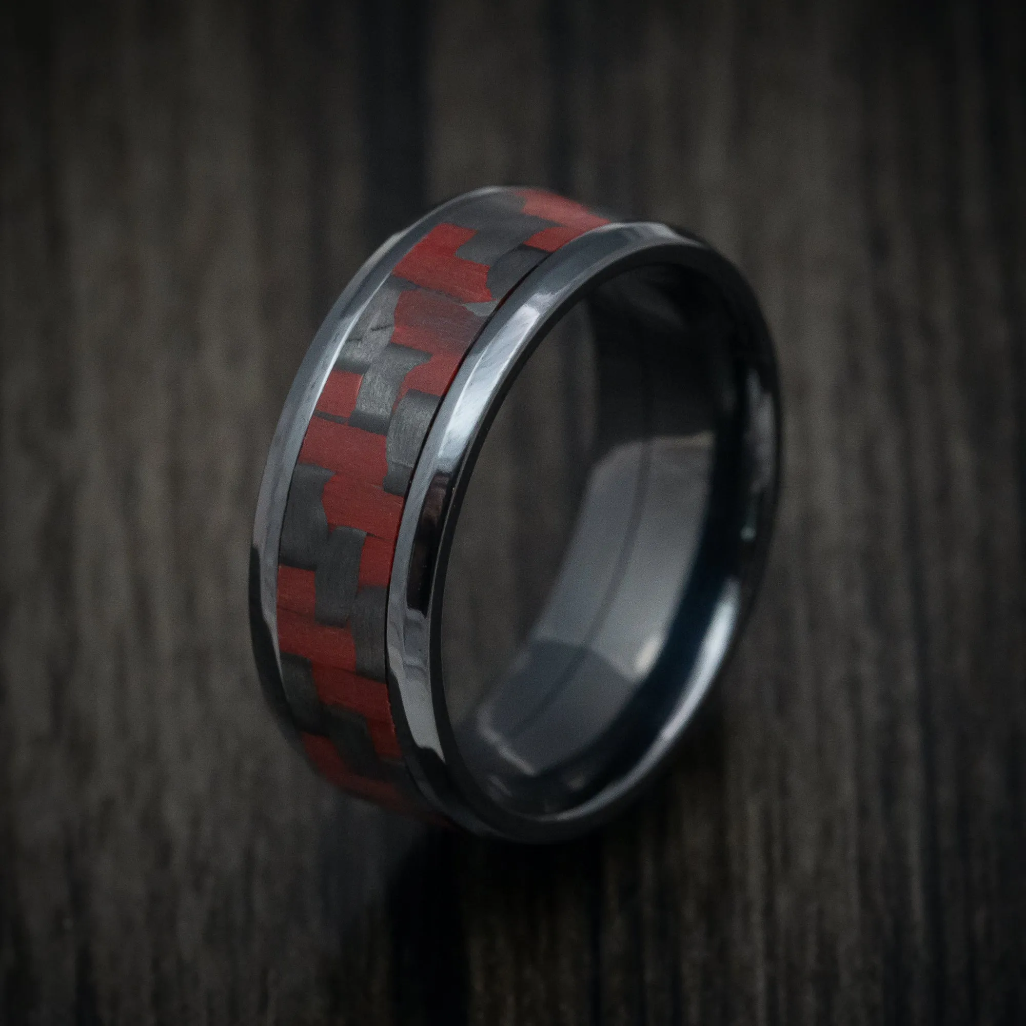 Black Titanium and Red Carbon Fiber Mens Ring