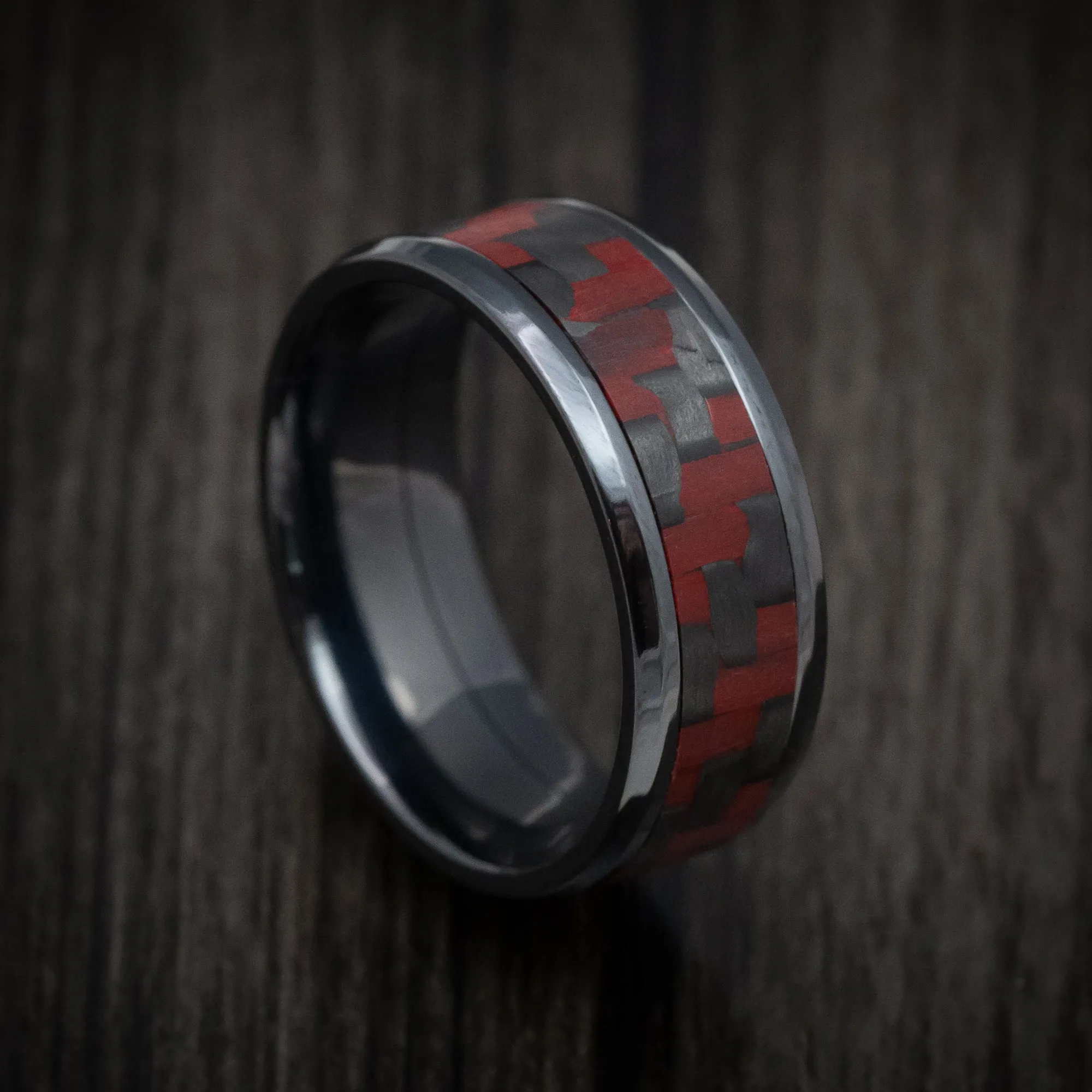 Black Titanium and Red Carbon Fiber Mens Ring