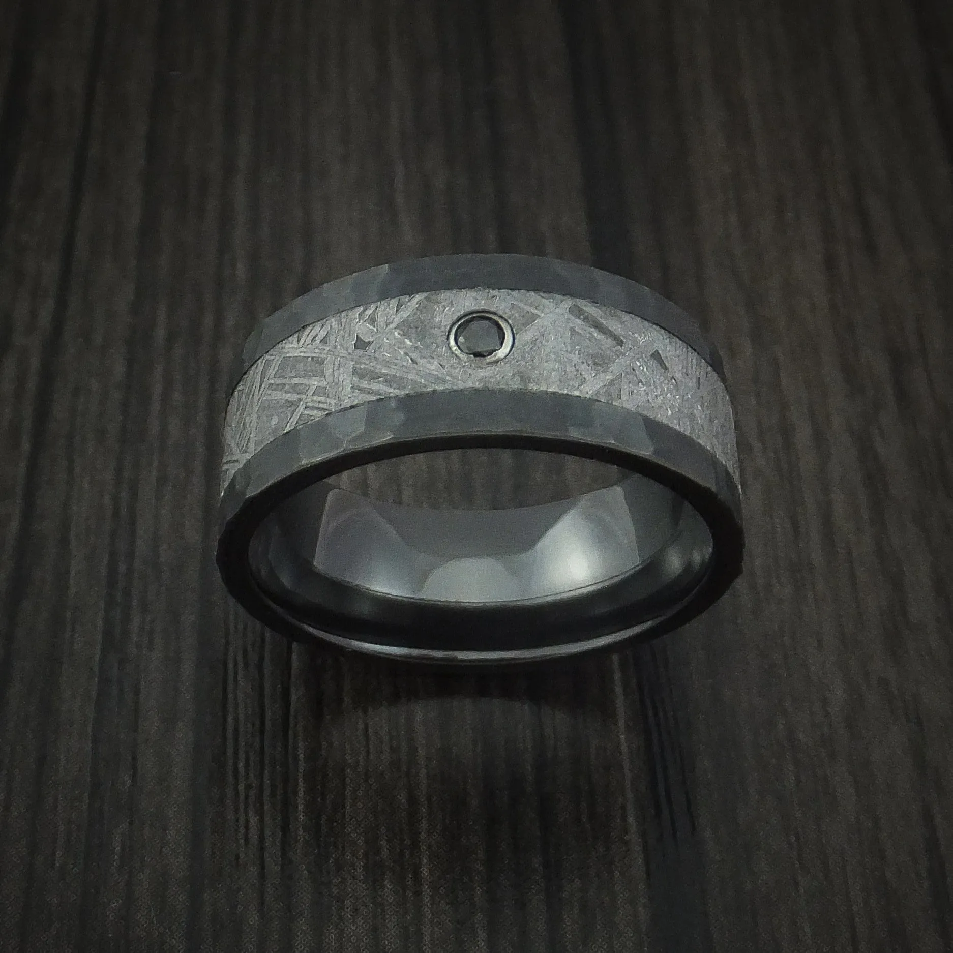 Black Titanium Hammered Men's Ring with Gibeon Meteorite and Black Diamond Custom Made Band