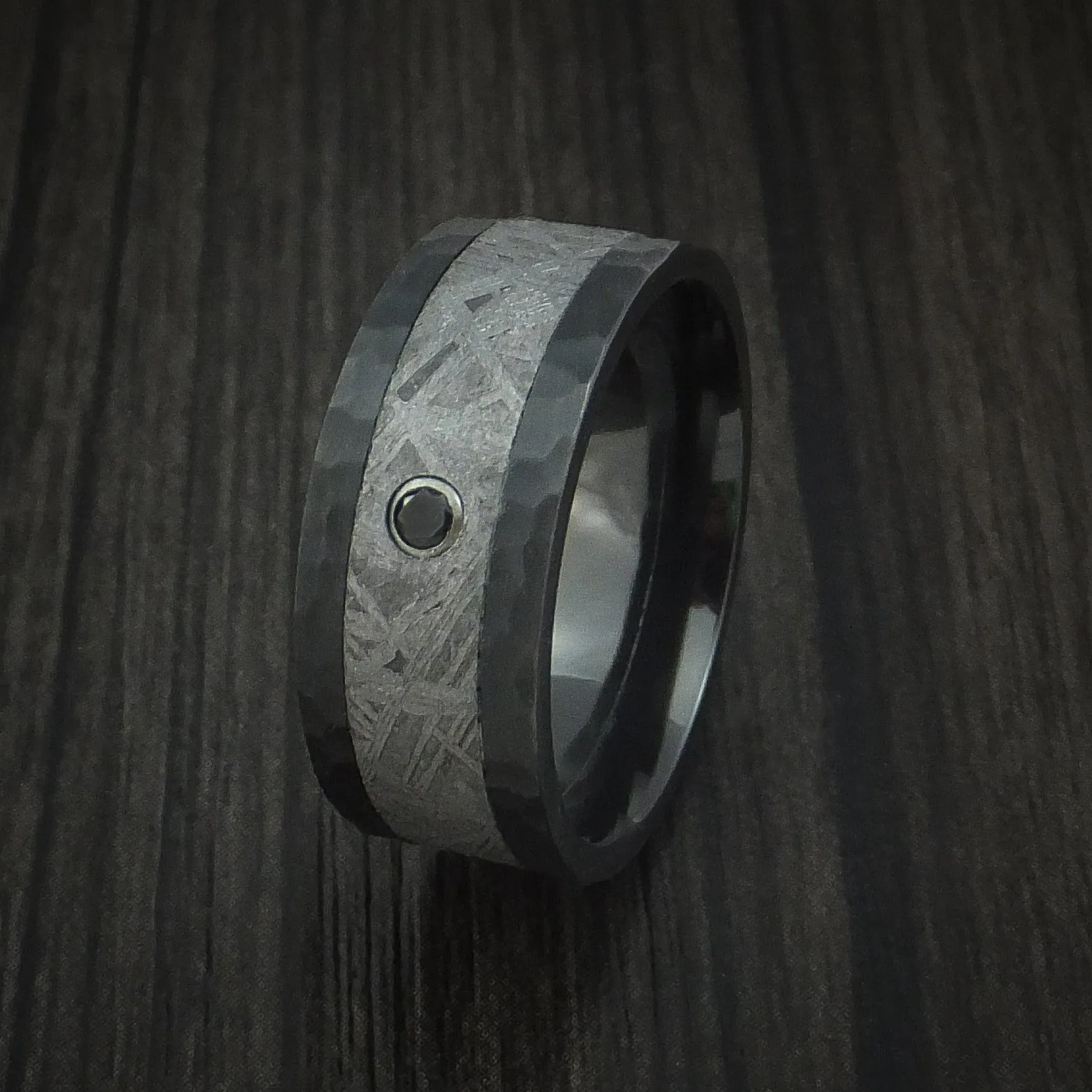 Black Titanium Hammered Men's Ring with Gibeon Meteorite and Black Diamond Custom Made Band