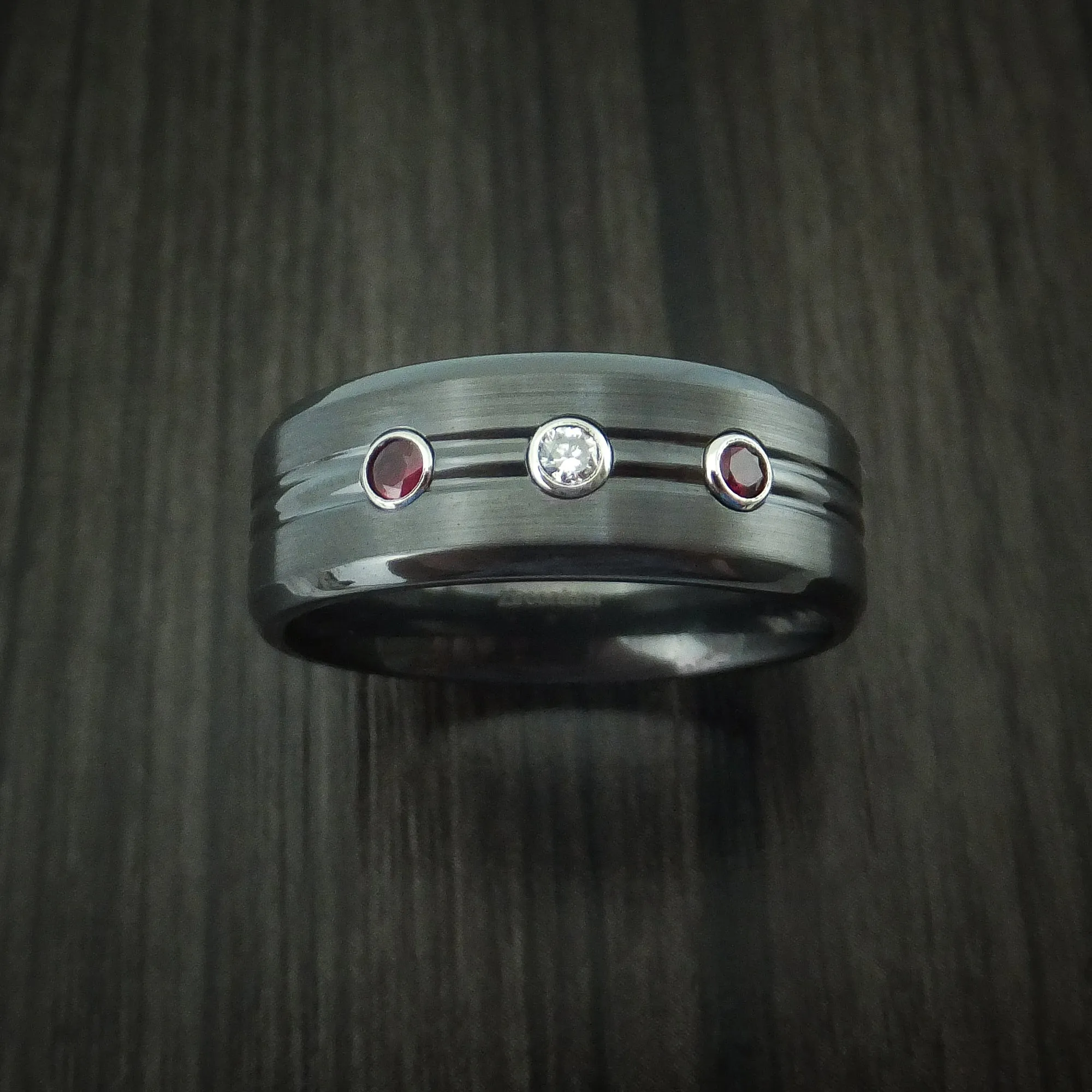 Black Titanium Men's Ring with Diamond and Rubies Custom Made Band