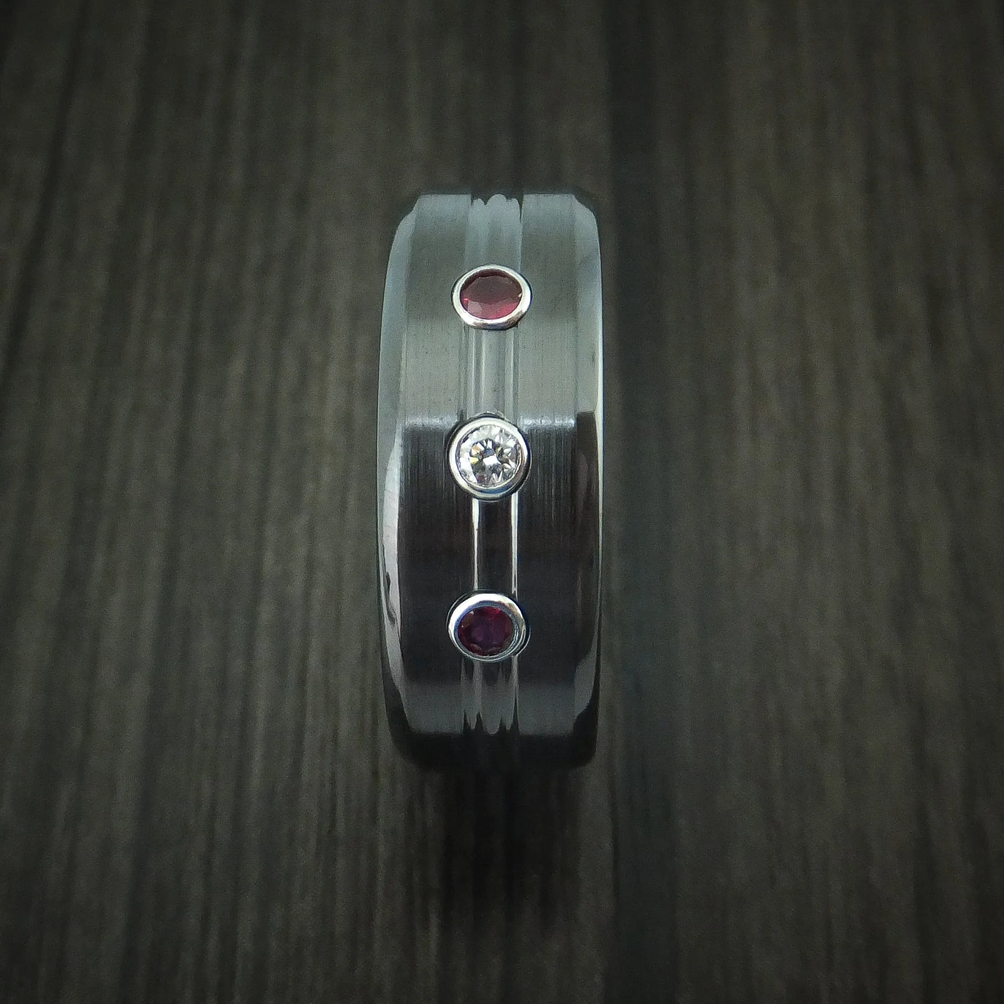 Black Titanium Men's Ring with Diamond and Rubies Custom Made Band