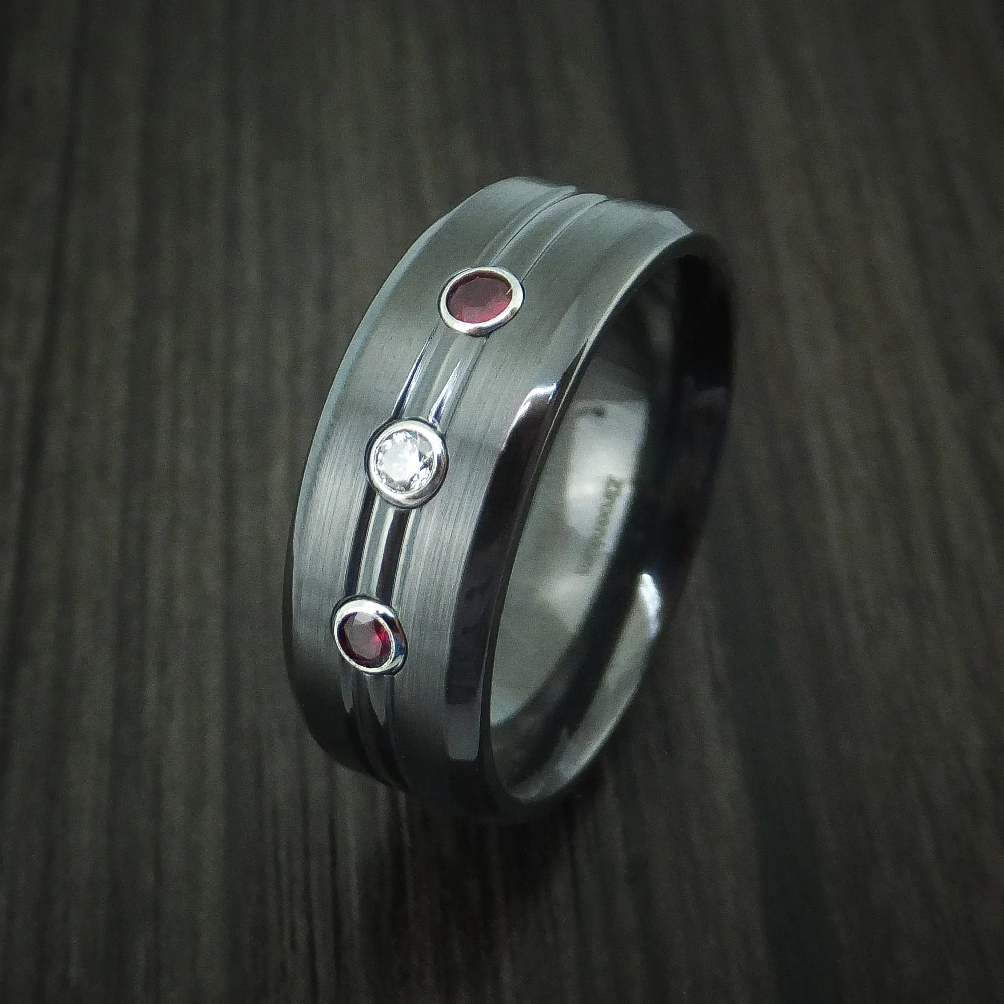 Black Titanium Men's Ring with Diamond and Rubies Custom Made Band