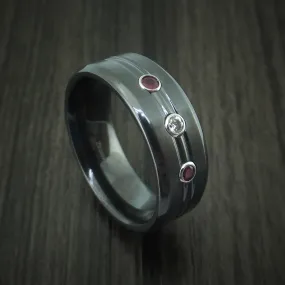 Black Titanium Men's Ring with Diamond and Rubies Custom Made Band