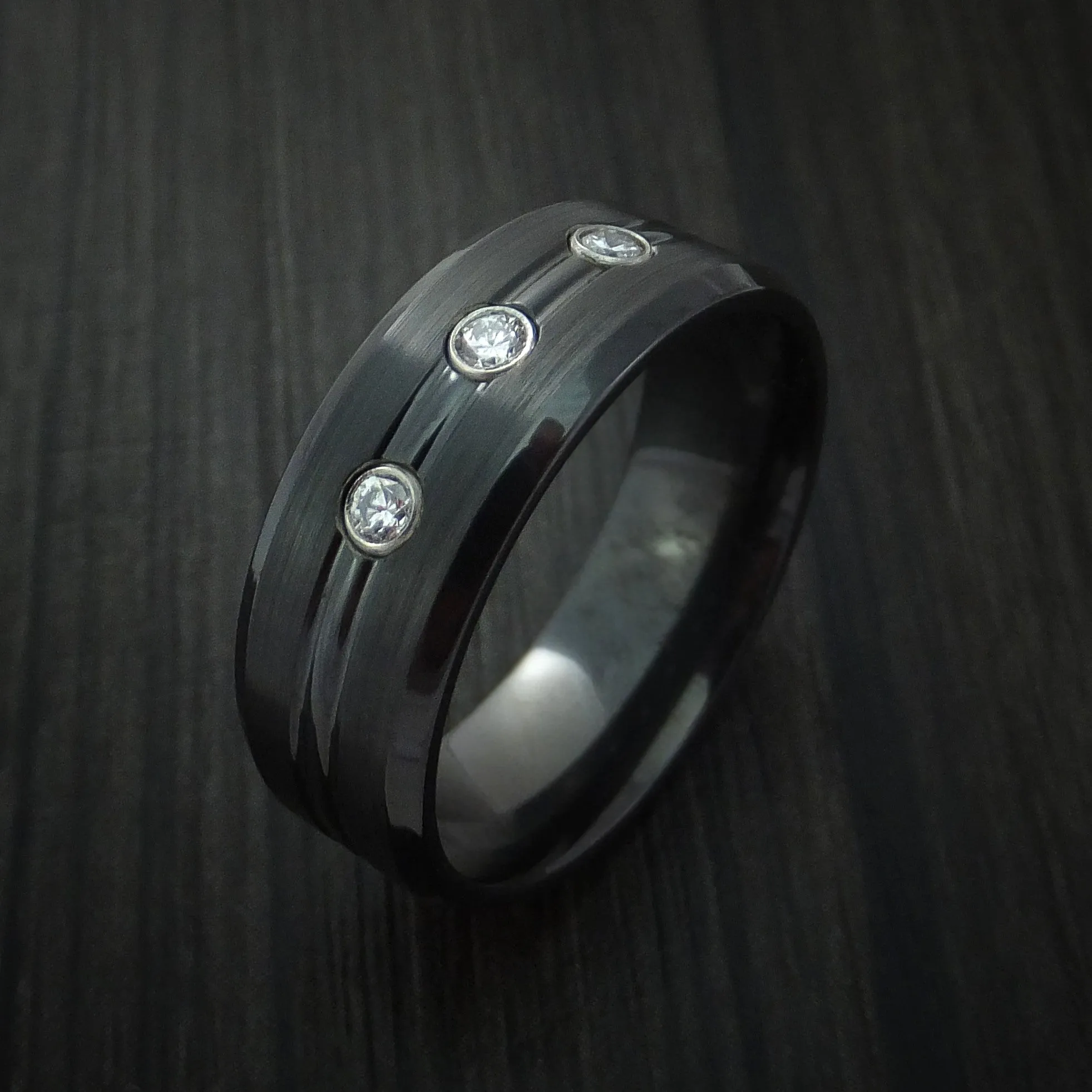 Black Titanium Men's Ring with Diamonds Custom Made Band