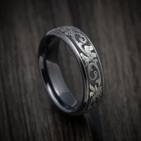 Black Titanium Vintage Floral Mens Ring