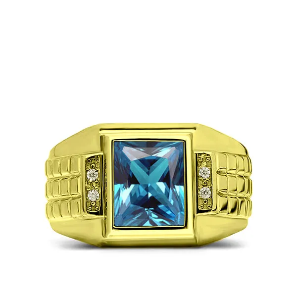 Blue Topaz Ring for Men in Solid Fine 14K Yellow Gold Natural Mens Diamond Ring