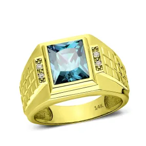 Blue Topaz Ring for Men in Solid Fine 14K Yellow Gold Natural Mens Diamond Ring