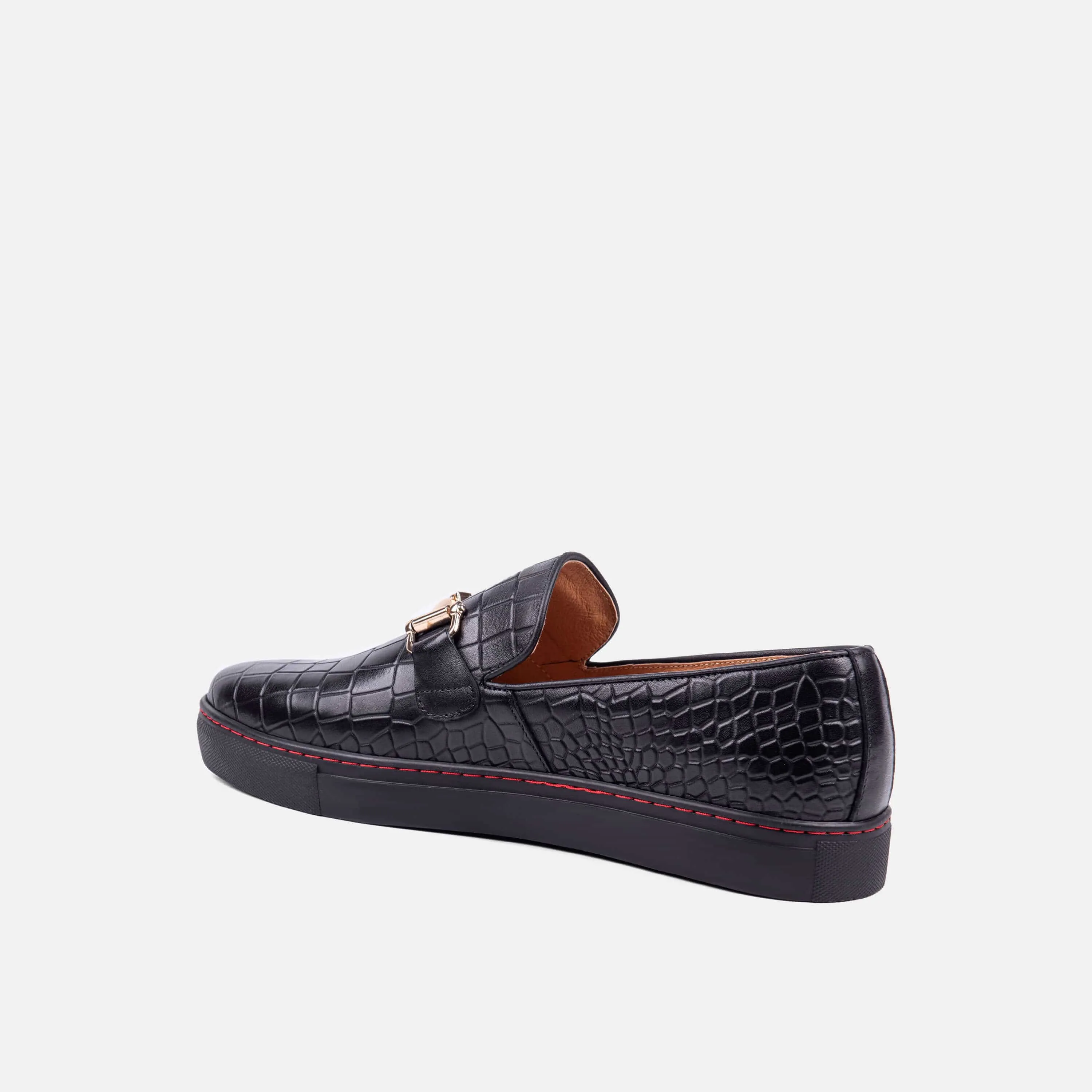 Boardwalk Black Crocskin Leather Horse-Bit Sneakers