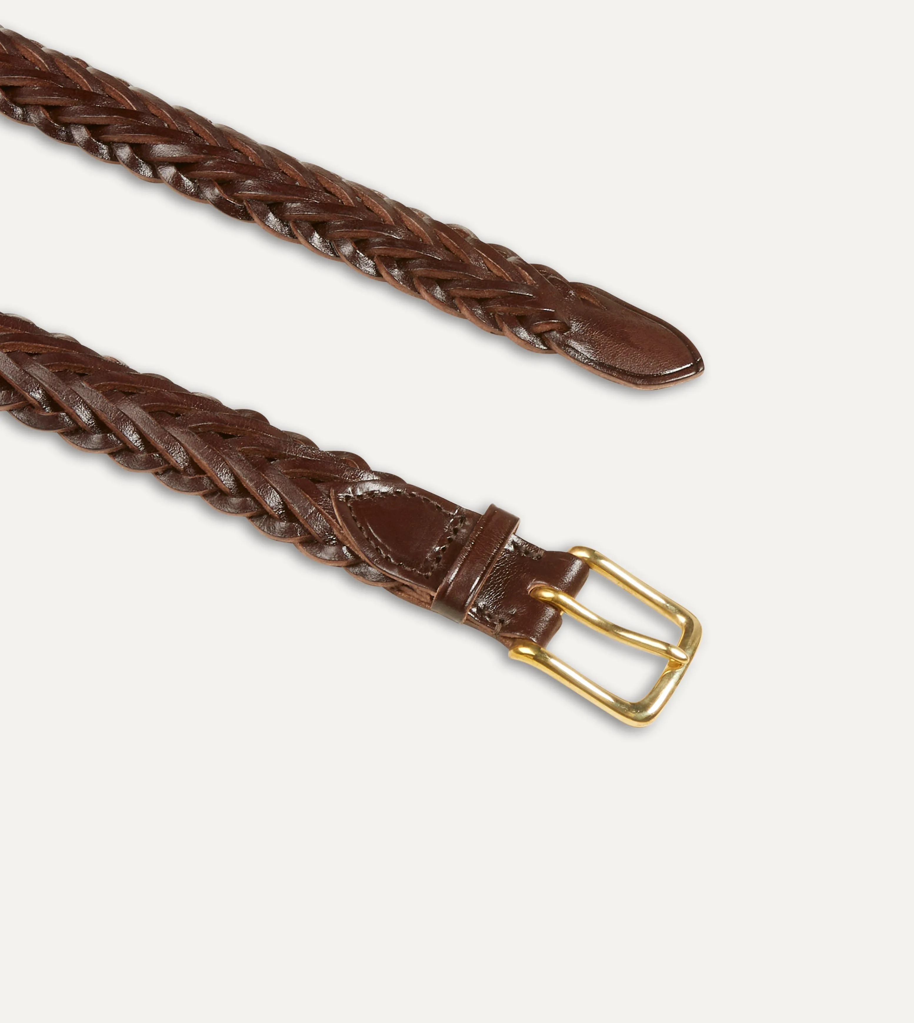 Brown Plaited Bridle Leather Belt with Brass Buckle