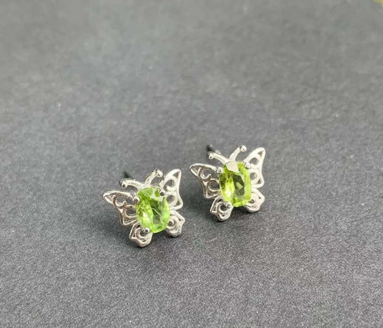 Butterfly Peridot Silver Stud Earrings