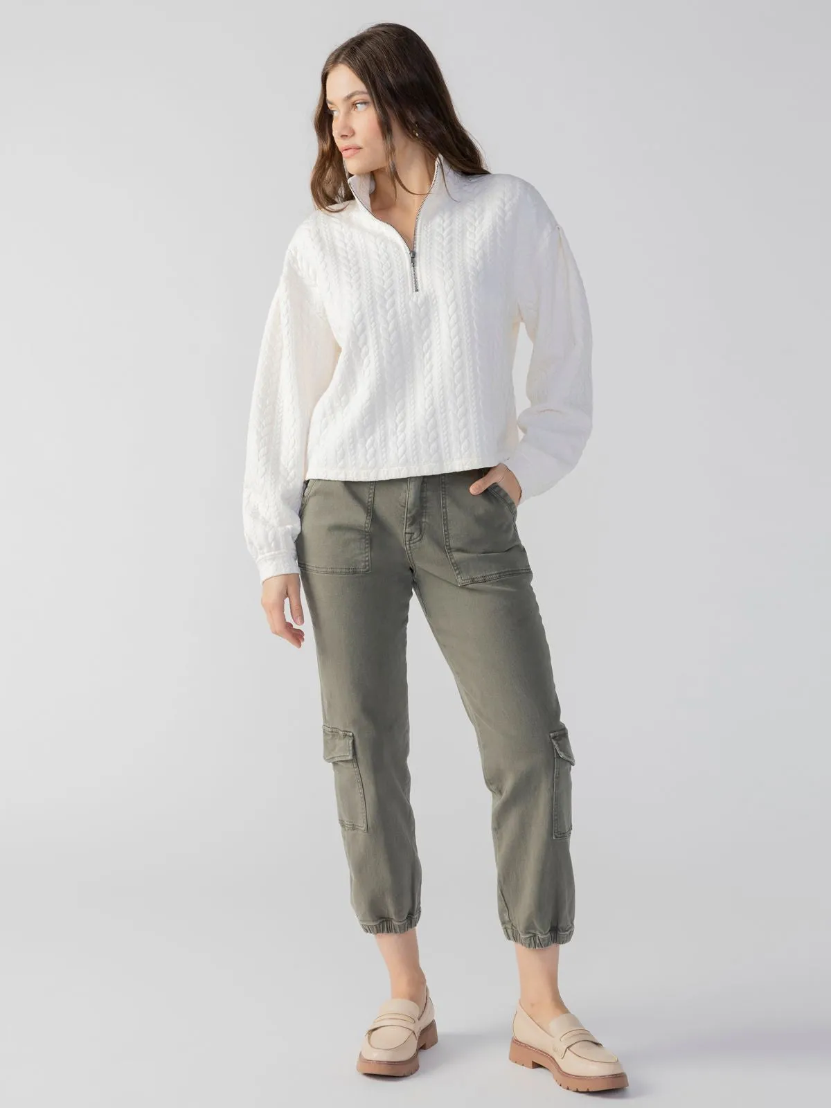 Cable Zip Up Popover Sweater ~ Creme