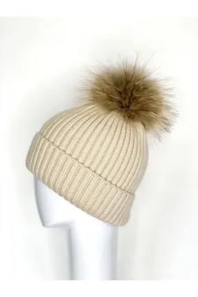 Camel Wool Ribbed Pom Pom Hat