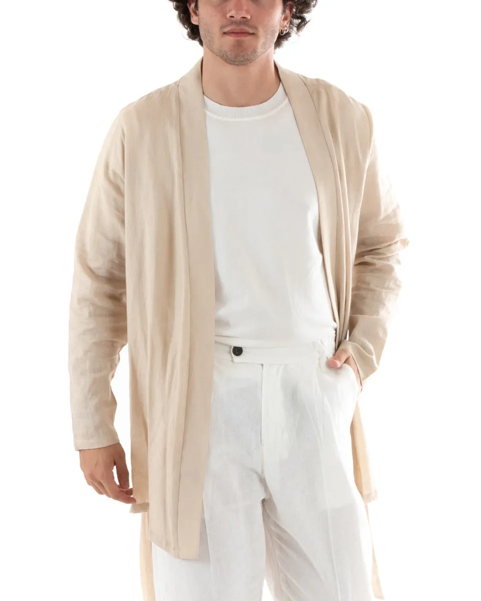 Cardigan Uomo Maglia Maglioncino Lino Kimono Con Cintura Tinta Unita Beige GIOSAL-M2661A