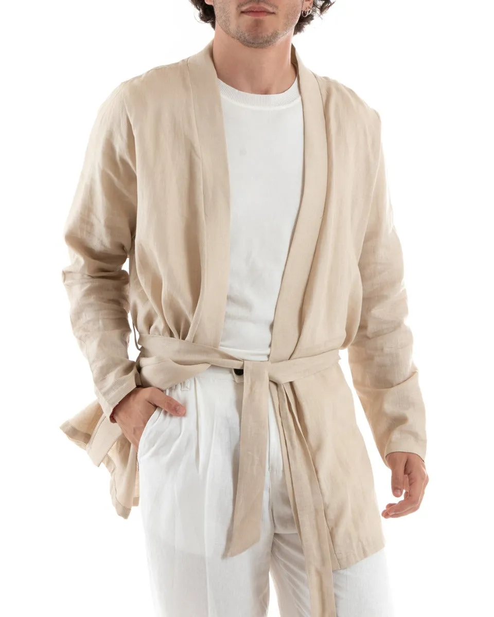 Cardigan Uomo Maglia Maglioncino Lino Kimono Con Cintura Tinta Unita Beige GIOSAL-M2661A