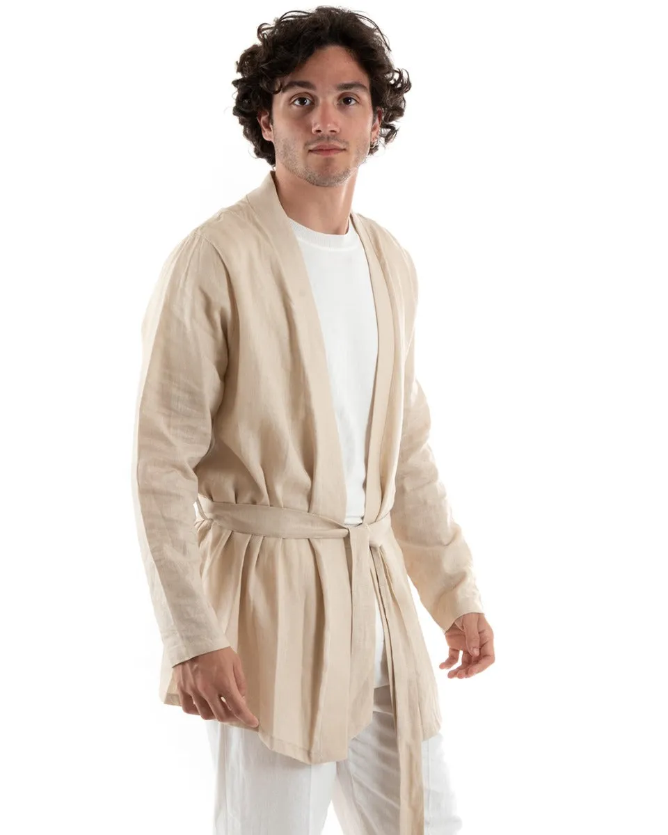 Cardigan Uomo Maglia Maglioncino Lino Kimono Con Cintura Tinta Unita Beige GIOSAL-M2661A