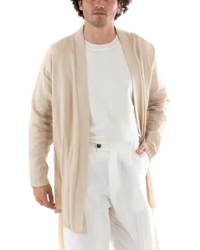 Cardigan Uomo Maglia Maglioncino Lino Kimono Con Cintura Tinta Unita Beige GIOSAL-M2661A