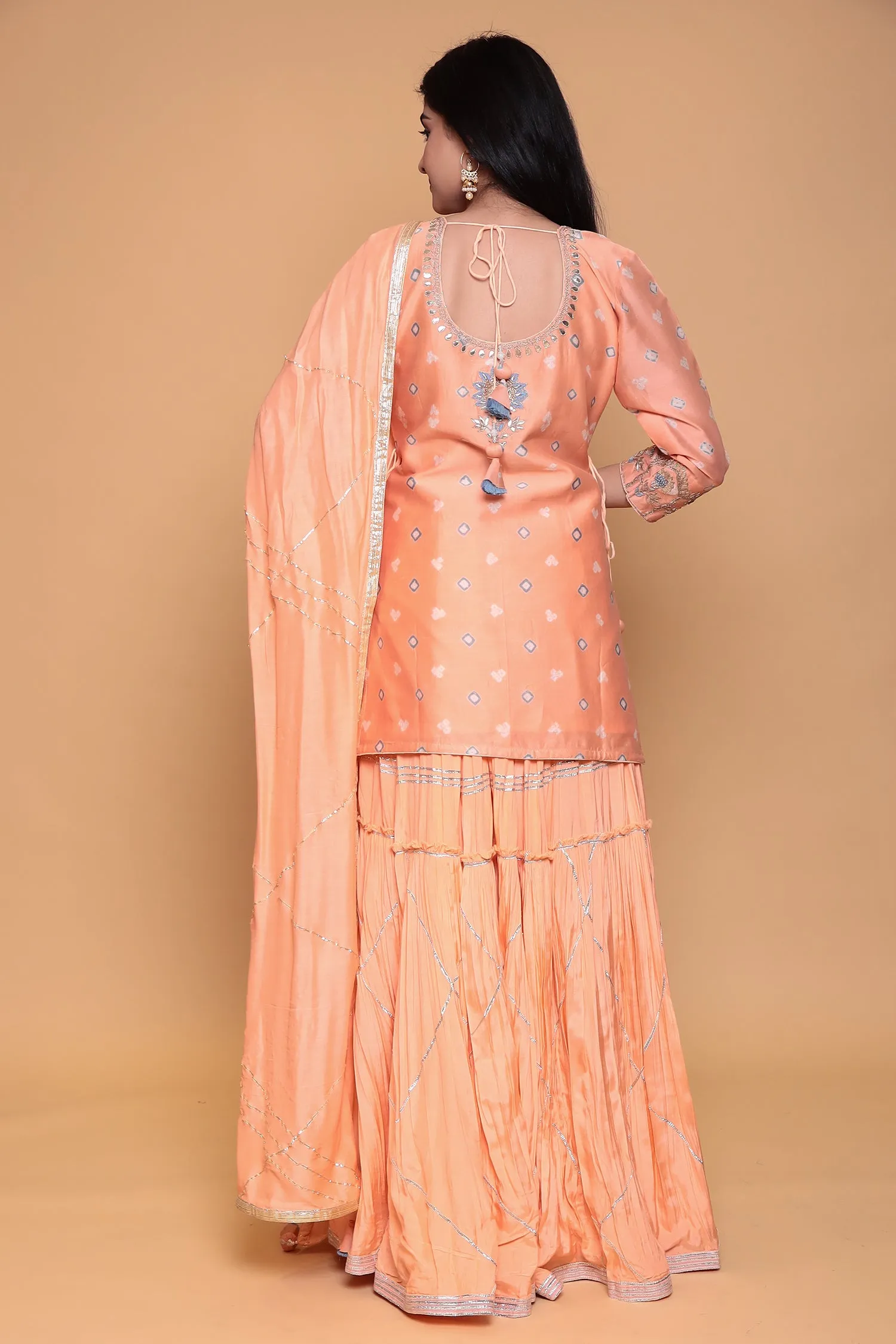 Chanderi Bandhej Suit with Zardozi and Thread work.