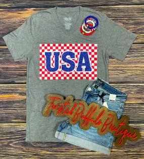 {CHECKERED USA} Glitter Patriotic Gray V-Neck Tee