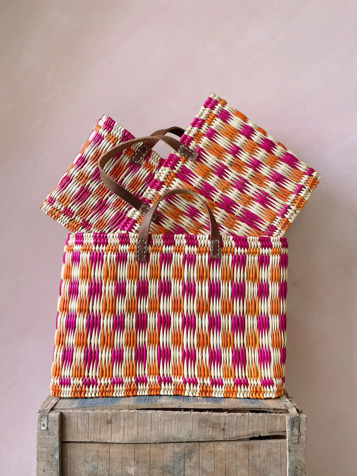 Chequered Reed Basket, Pink   Orange