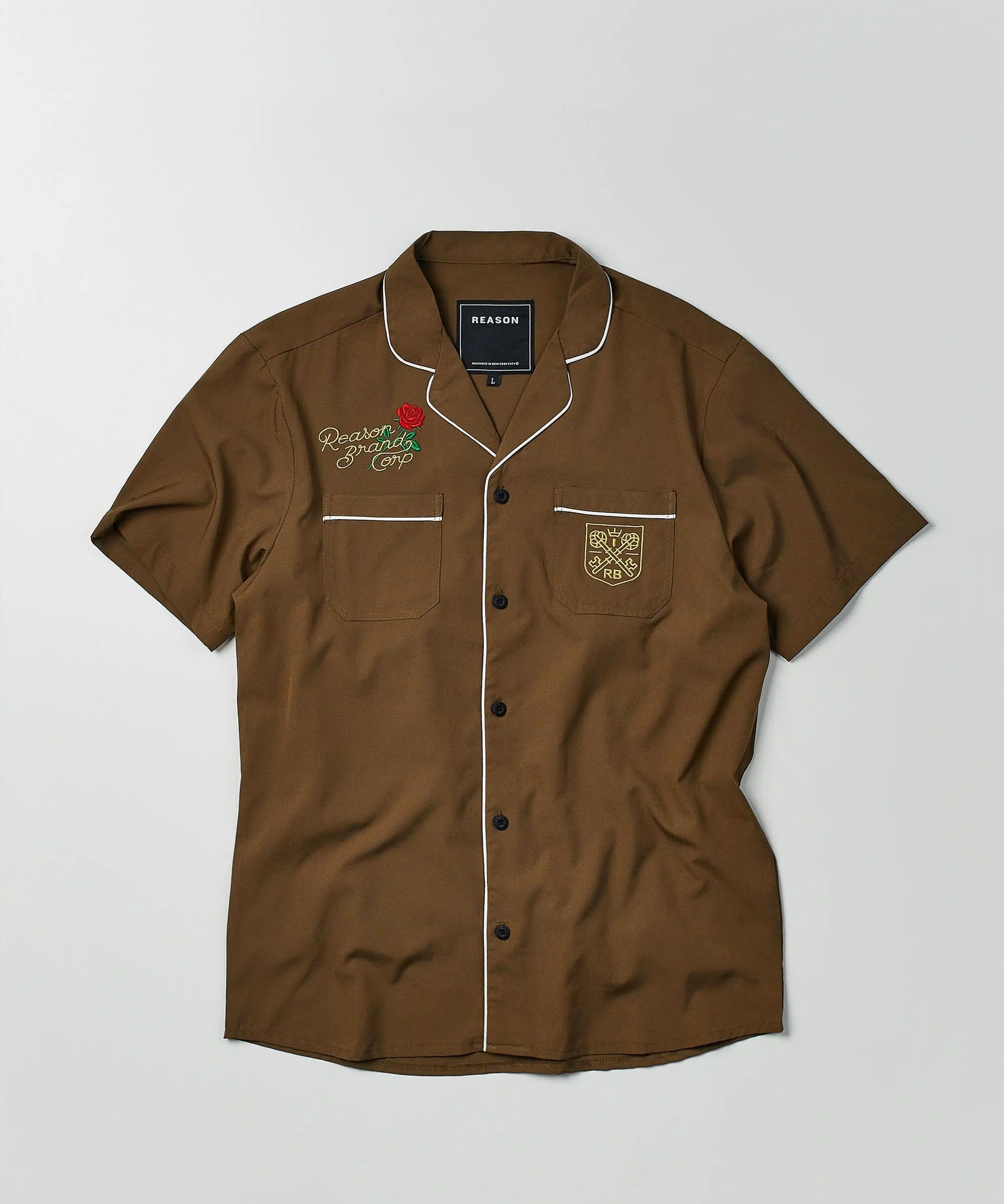 Clubmaster Short Sleeve Embroidered Button Down Shirt - Brown