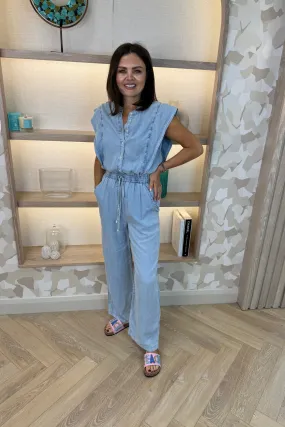 Cora Frill Shoulder Jumpsuit In Light Wash