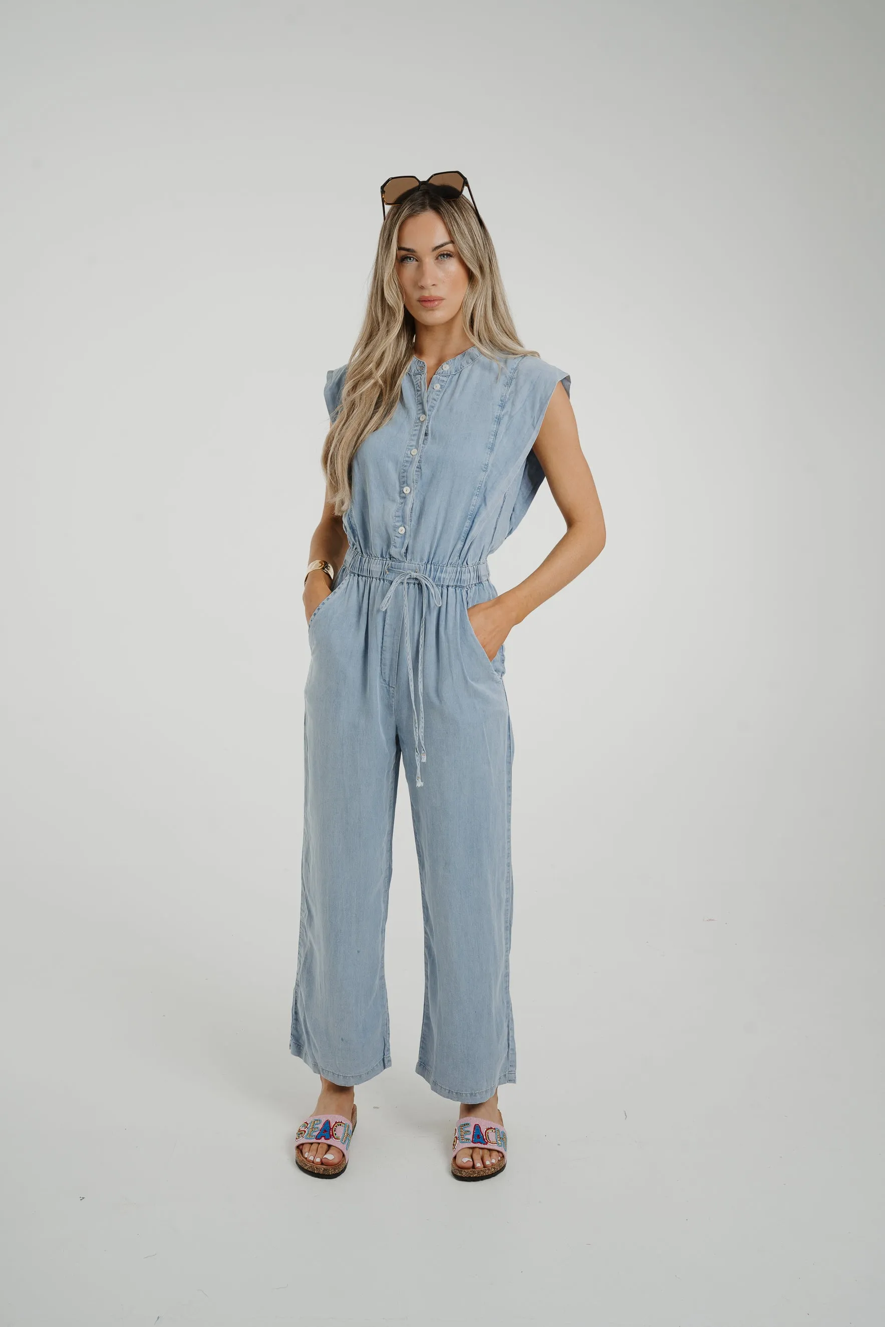 Cora Frill Shoulder Jumpsuit In Light Wash