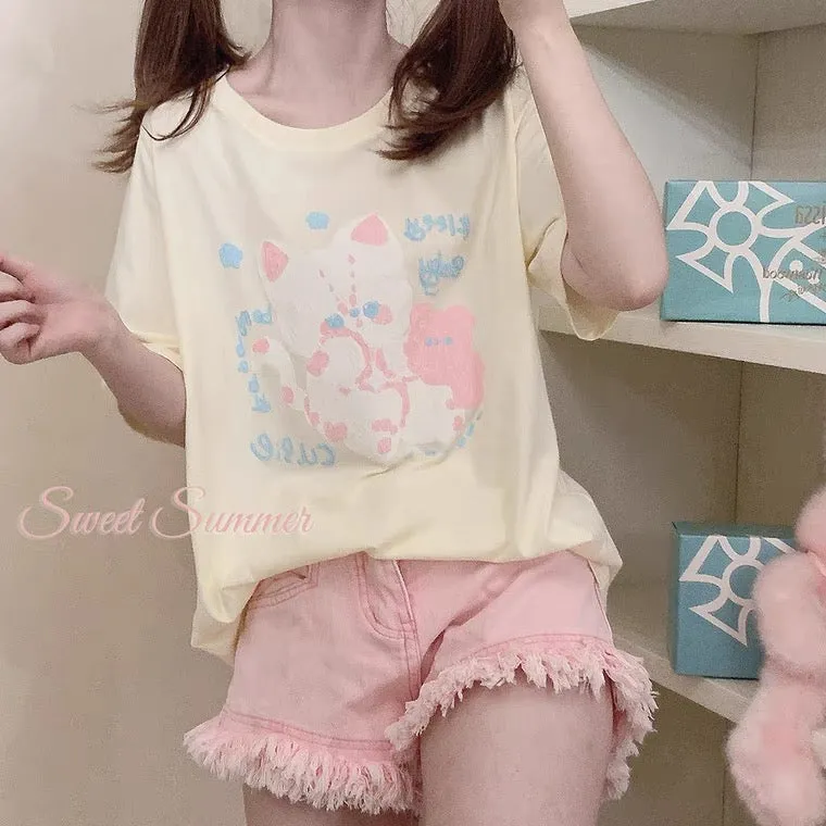 CREAM PINK/YELLOW CUTE CAT PRINTING T-SHIRT BY70071