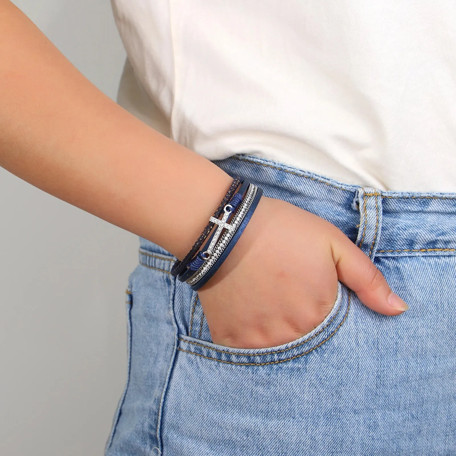 'Cross' Charm and Rhinestones Cuff Bracelet - blue