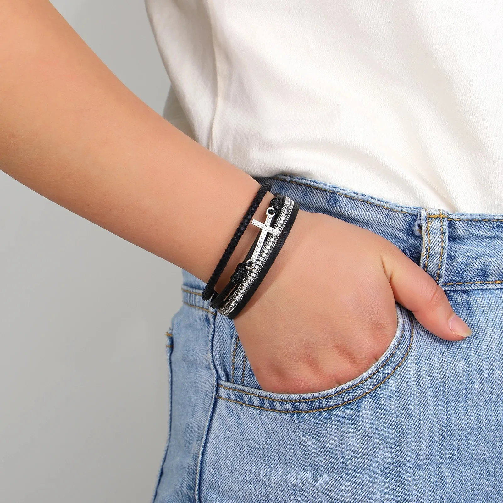 'Cross' Charm and Rhinestones Cuff Bracelet - blue