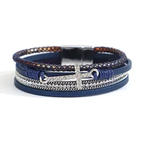 'Cross' Charm and Rhinestones Cuff Bracelet - blue