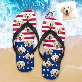 Custom Face Personalized Dog Face American Flag Flip Flops Beach Souvenir Gift Applique Beach Life Gift For Boyfriend And Girlfriend