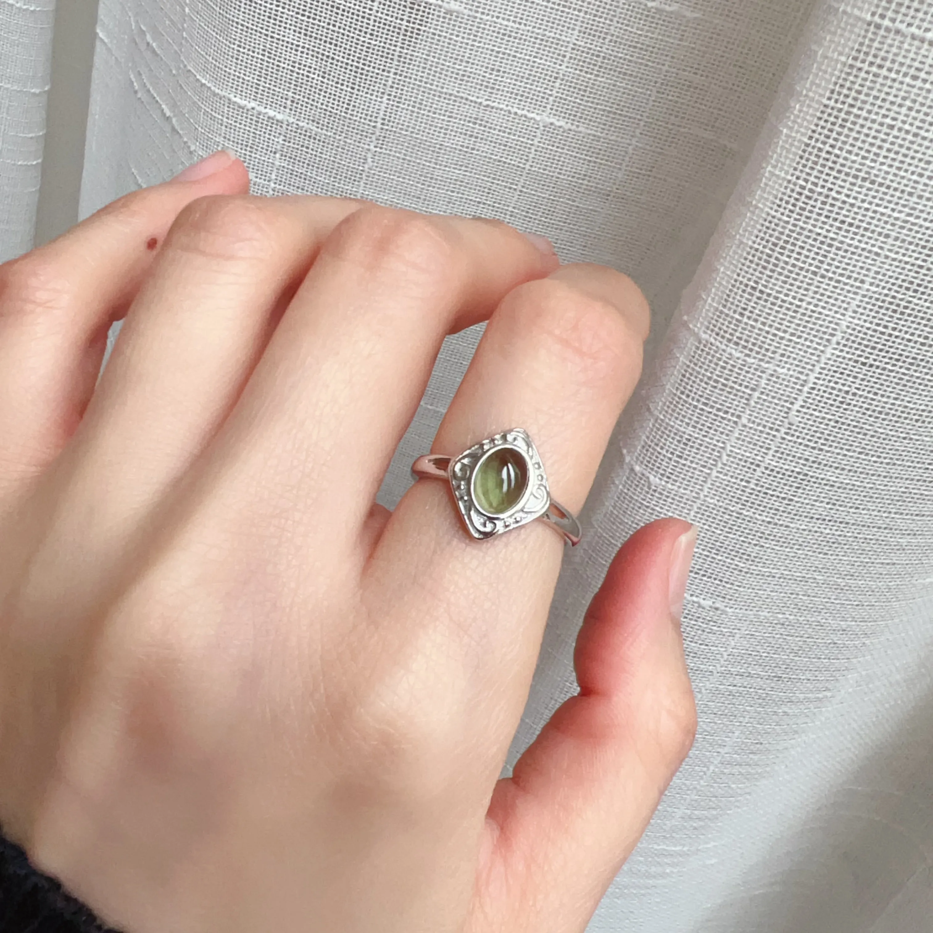 Custom-made Moldavite Ring with 925 Sterling Silver Adjustable Style | Rare High-frequency Heart Chakra Healing