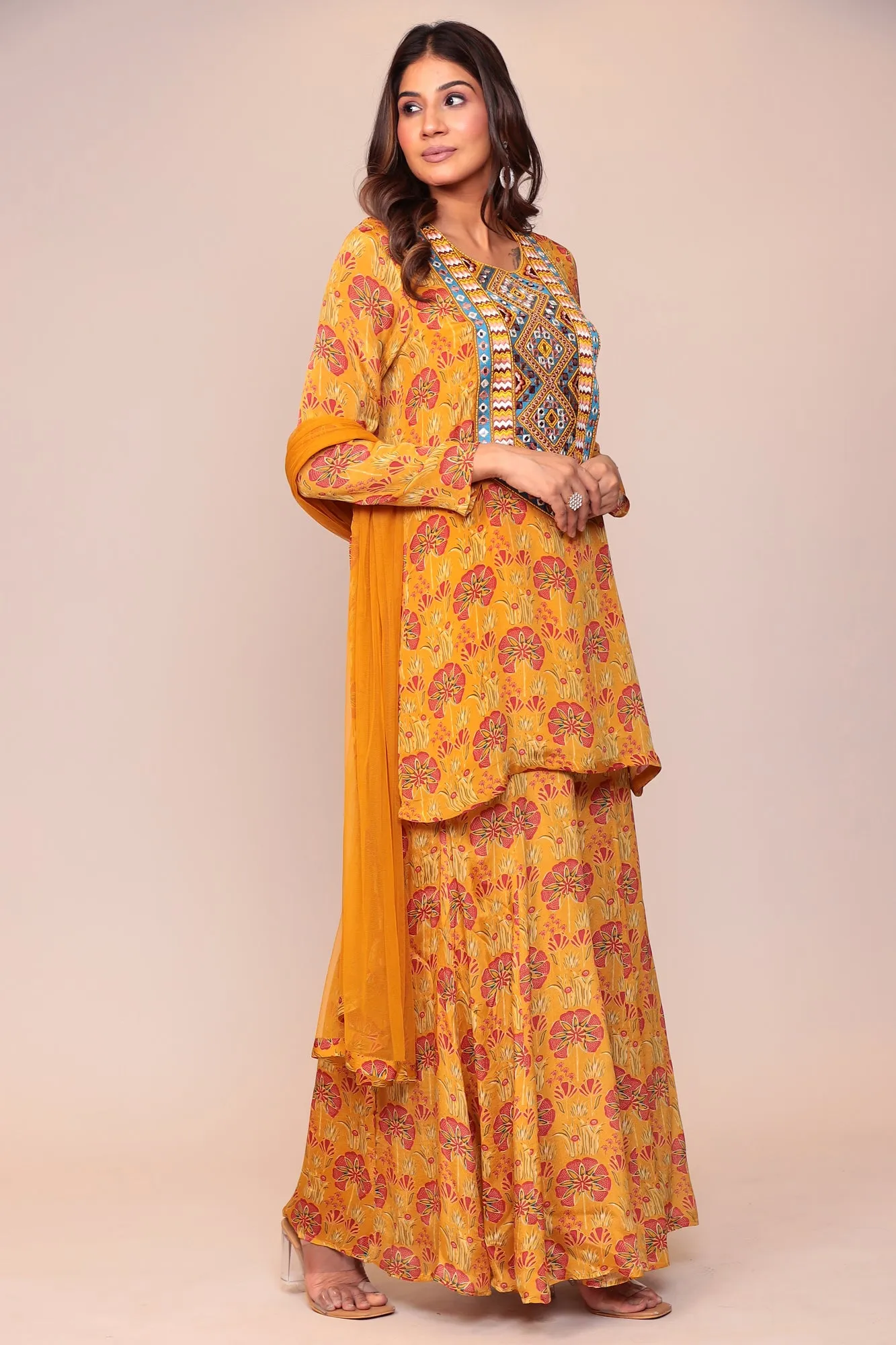 Digital Print Georgette Straight Kurta Set with Mirror and Thread work.