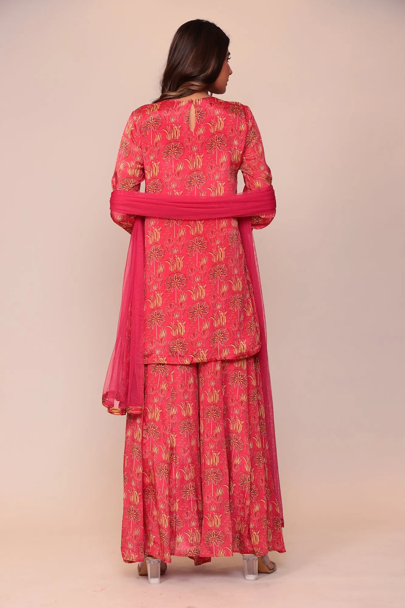 Digital Print Georgette Straight Kurta Set with Mirror and Thread work.