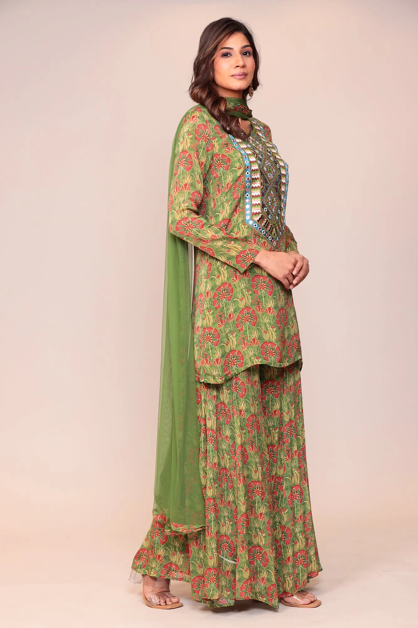 Digital Print Georgette Straight Kurta Set with Mirror and Thread work.