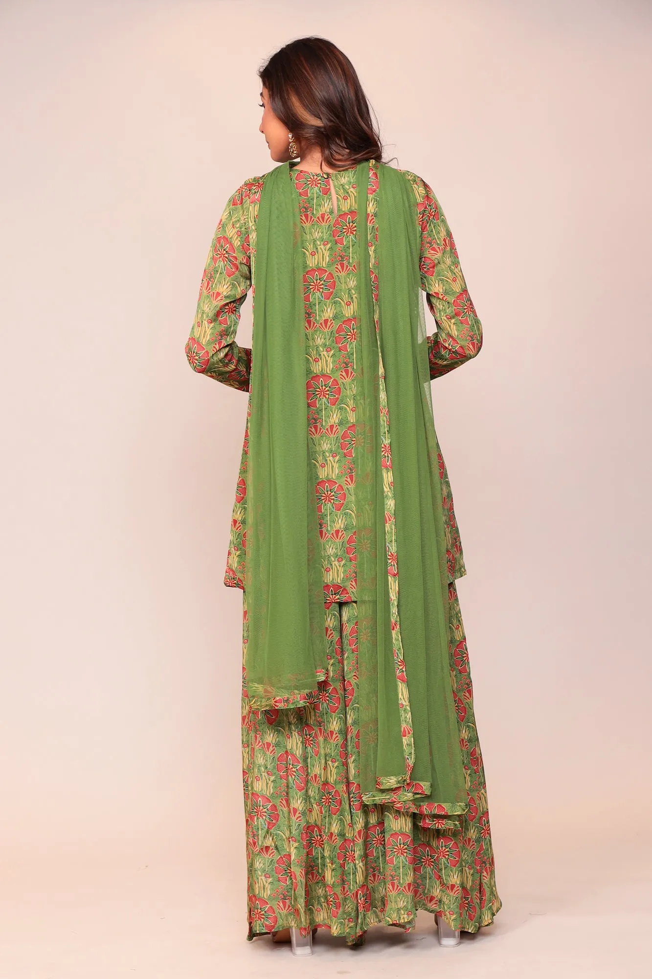 Digital Print Georgette Straight Kurta Set with Mirror and Thread work.