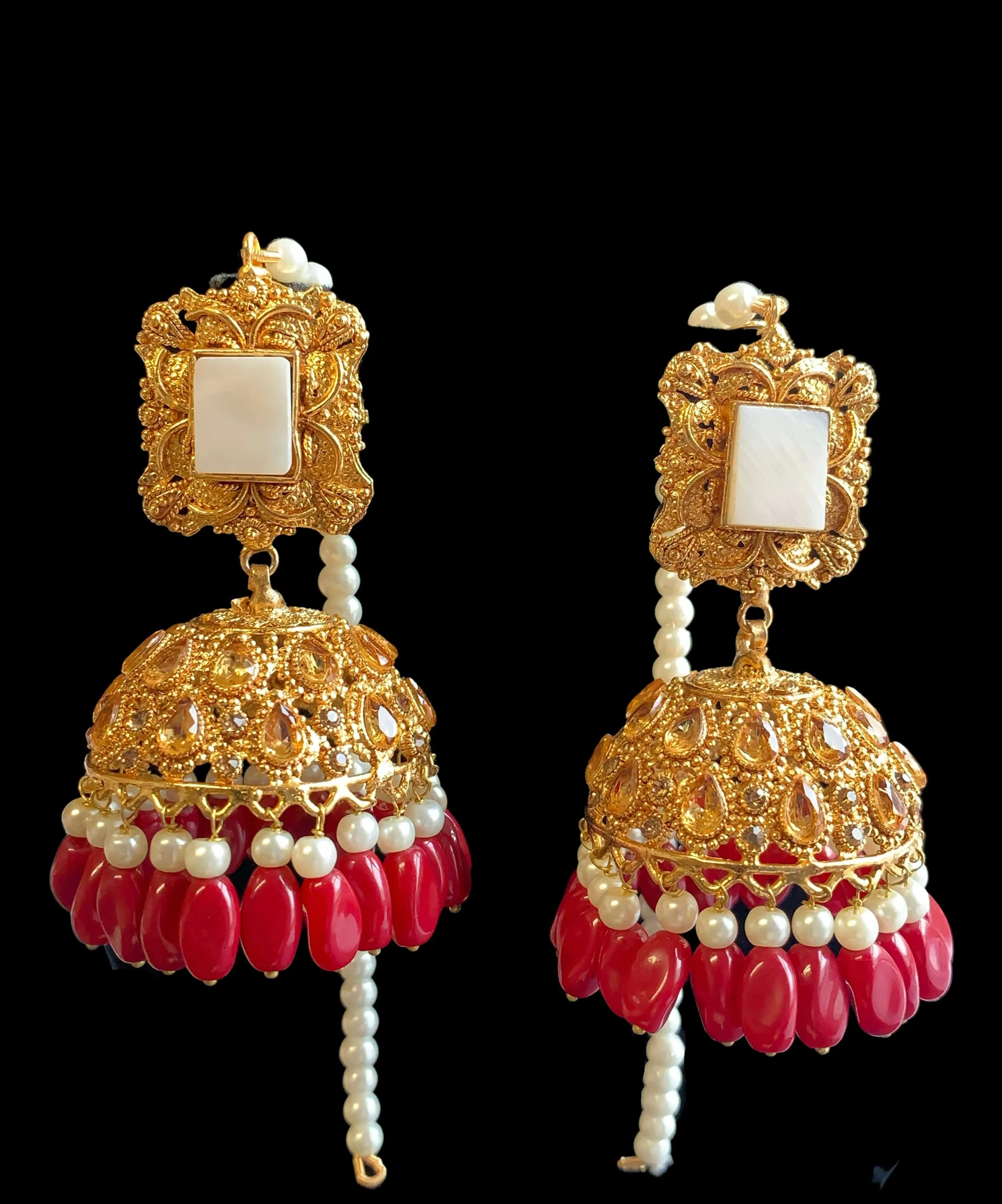 DJET20 Gold plated jhumka earrings and tika set ( READY TO SHIP )