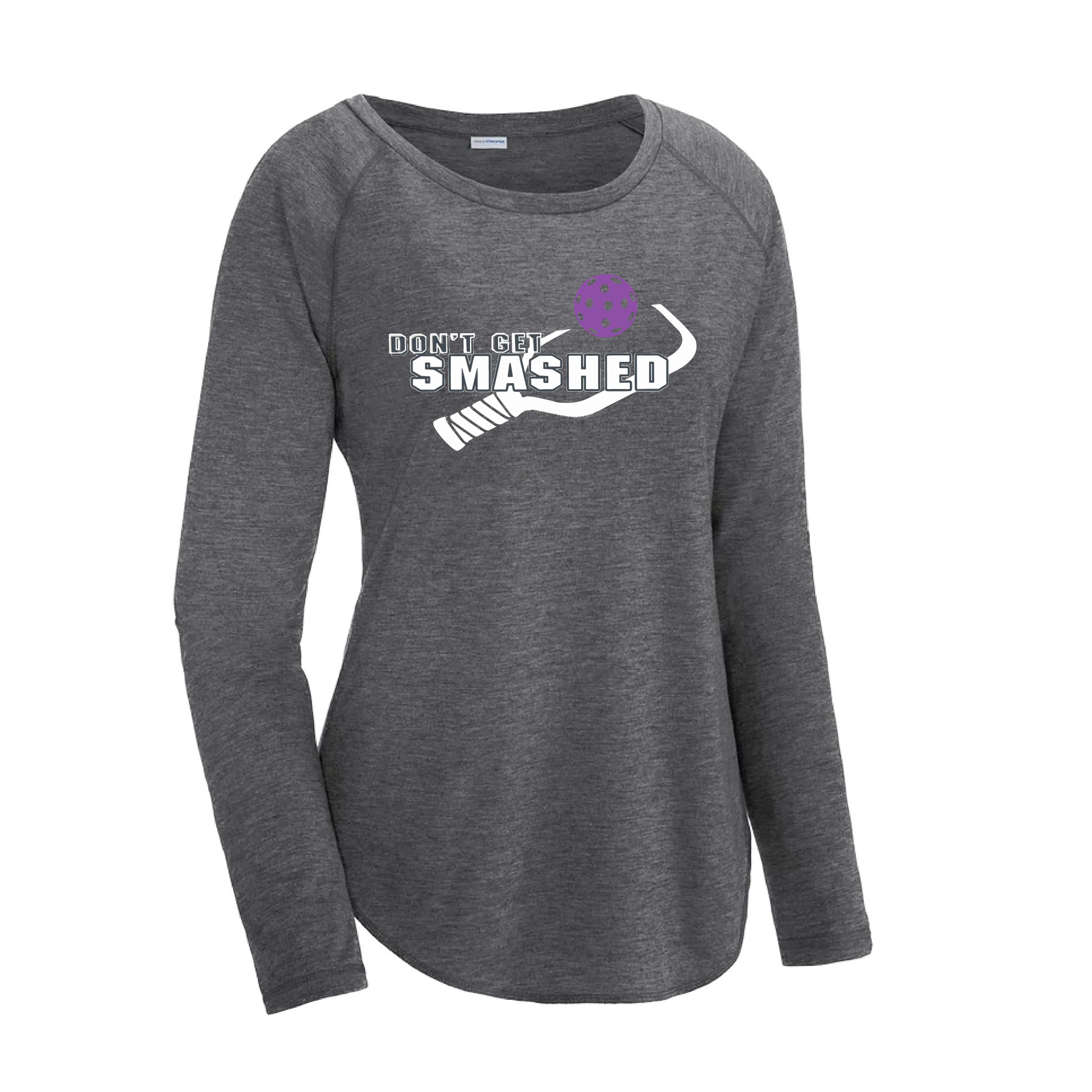 Don't Get Smashed (Pickleball Colors Purple White Yellow) Customizable | Women's Long Sleeve Scoop Neck Pickleball Shirts | 75/13/12 poly/cotton/rayon