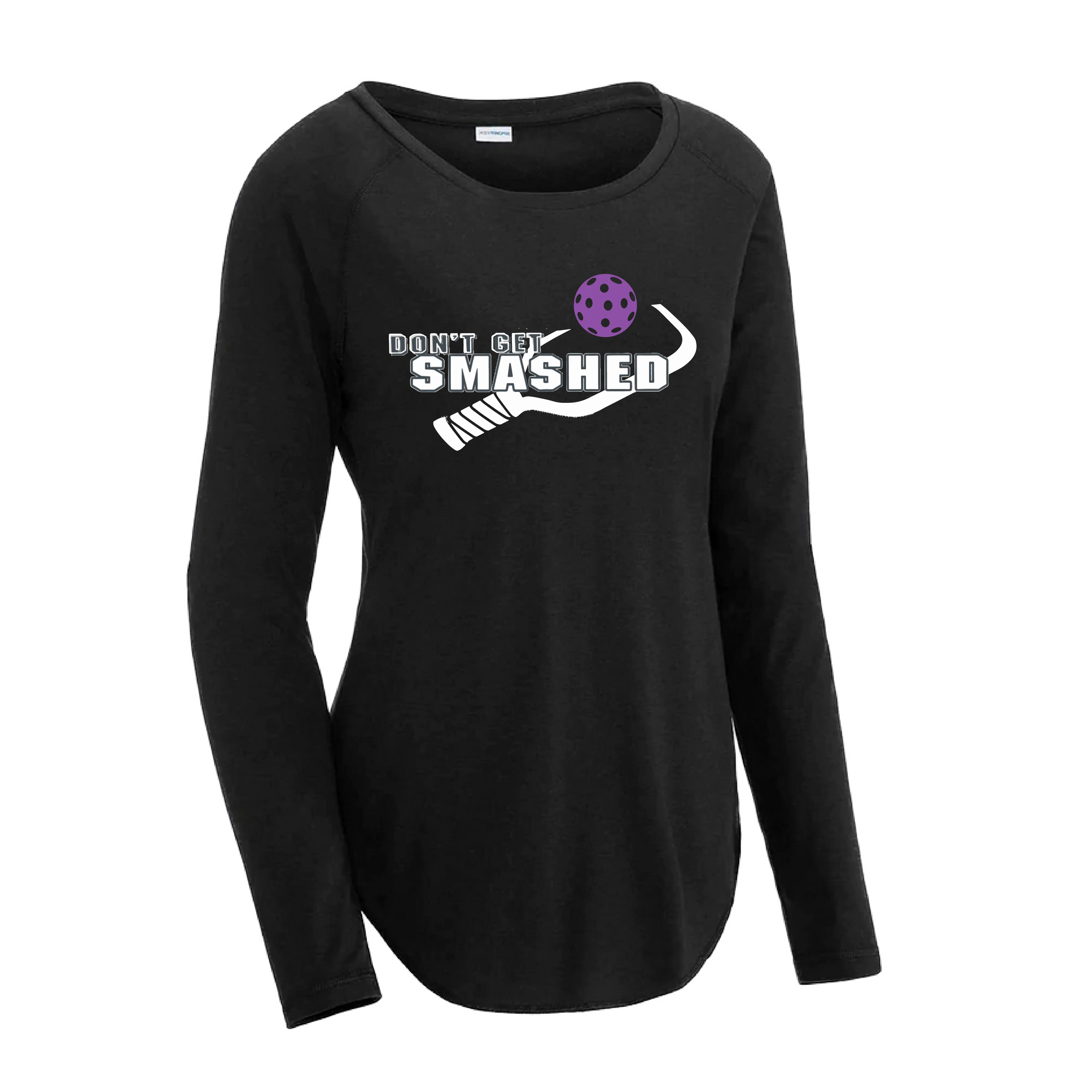 Don't Get Smashed (Pickleball Colors Purple White Yellow) Customizable | Women's Long Sleeve Scoop Neck Pickleball Shirts | 75/13/12 poly/cotton/rayon