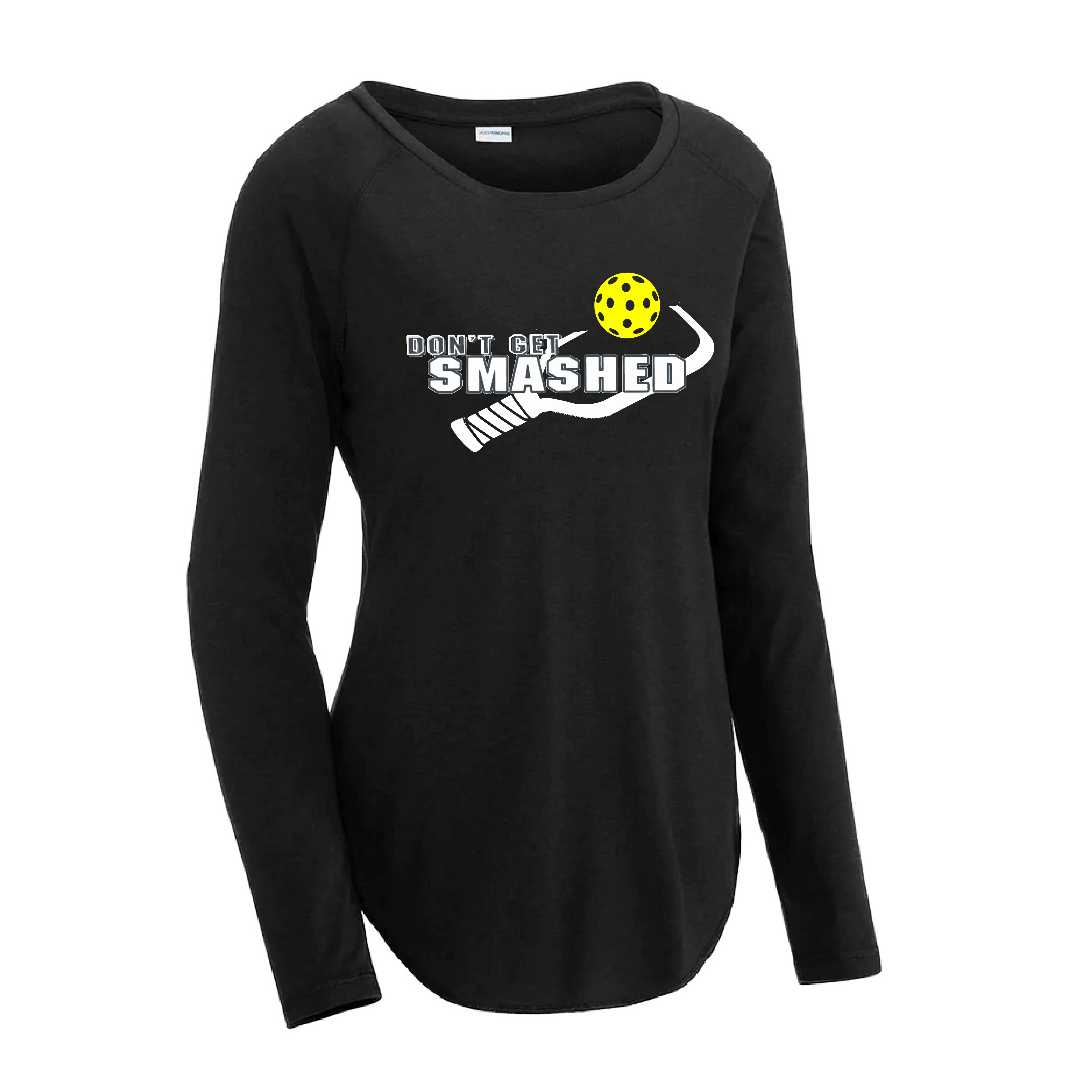 Don't Get Smashed (Pickleball Colors Purple White Yellow) Customizable | Women's Long Sleeve Scoop Neck Pickleball Shirts | 75/13/12 poly/cotton/rayon