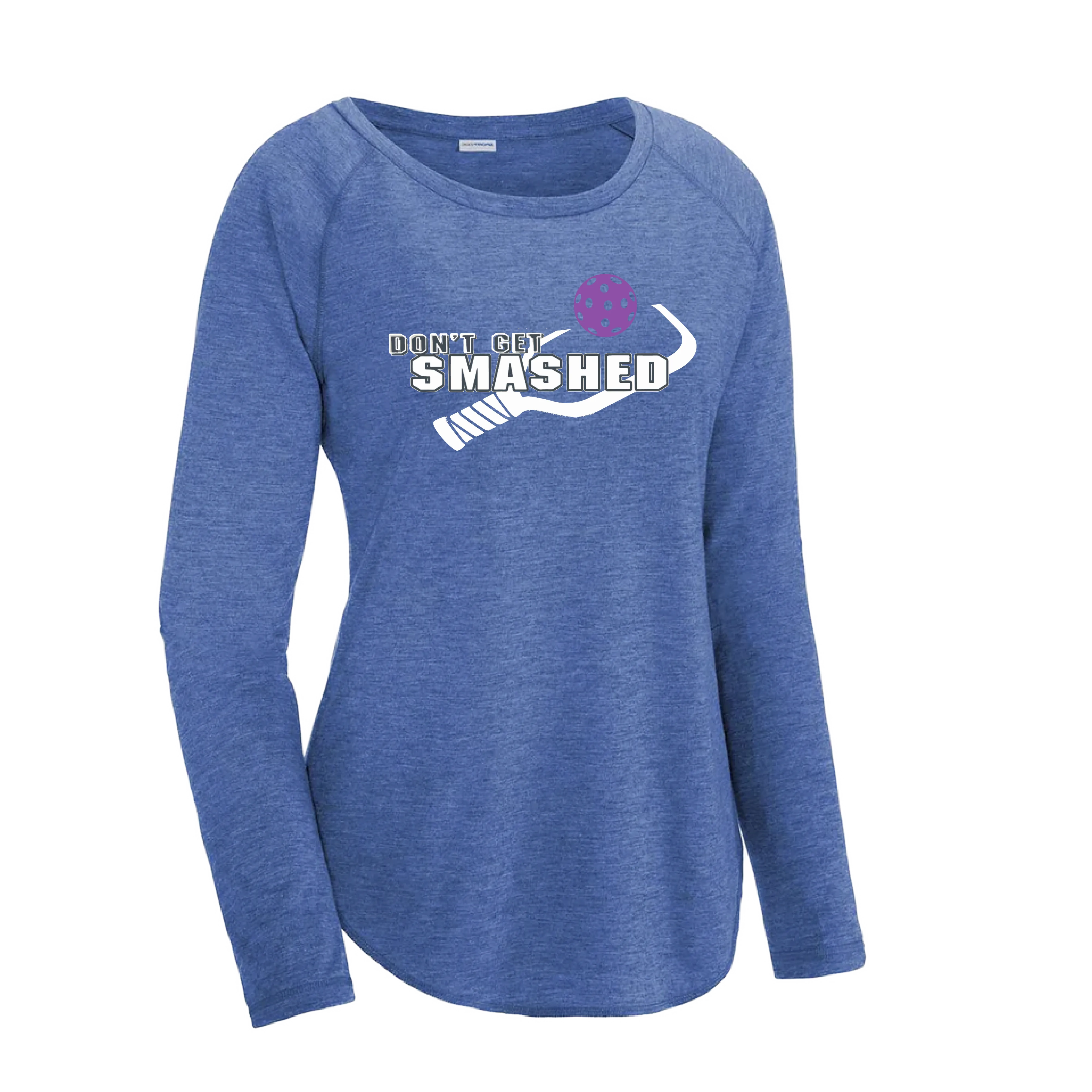 Don't Get Smashed (Pickleball Colors Purple White Yellow) Customizable | Women's Long Sleeve Scoop Neck Pickleball Shirts | 75/13/12 poly/cotton/rayon