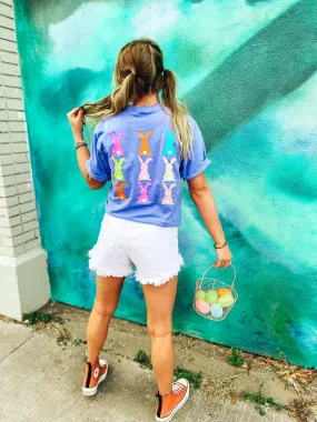 {DON'T WORRY BE HOPPY} Colorful Bunnies Violet Crew Neck Tee