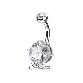 Double Gemmed Solitaire Round CZ Prong Set Belly Button Ring - Silver