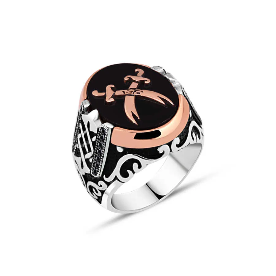 Double Zulfiqar Sword on Black Ellipse Onyx Stone Silver Men's Ring Siding Braid Pattern and Zircons