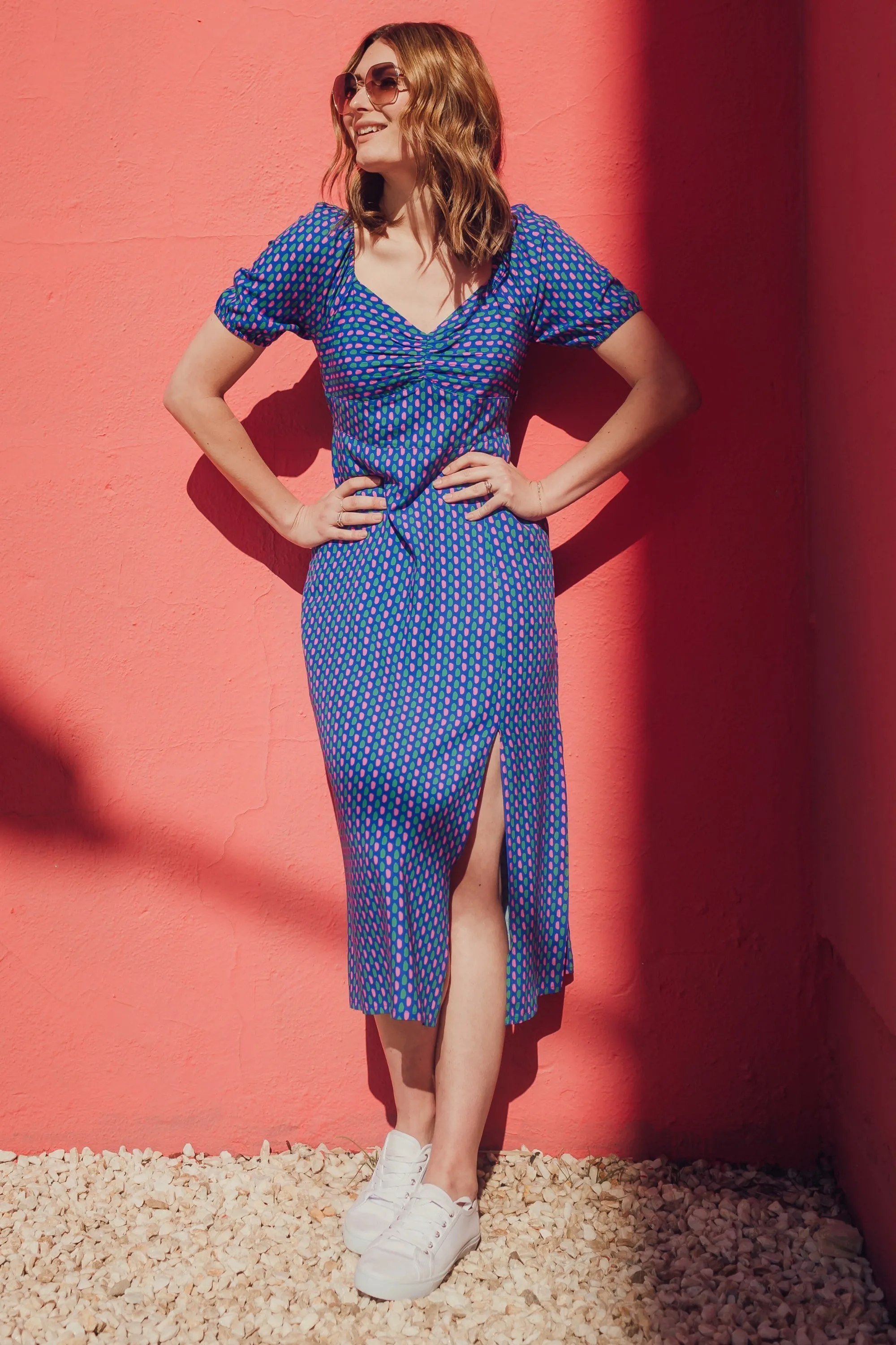 Elizabeth Midi Dress - Blue, Dotted Lines