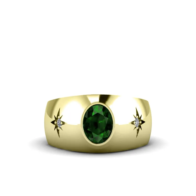 Emerald Ring for Man in Solid 14K Yellow Gold with 2 Diamonds North Star Men's Jewelry