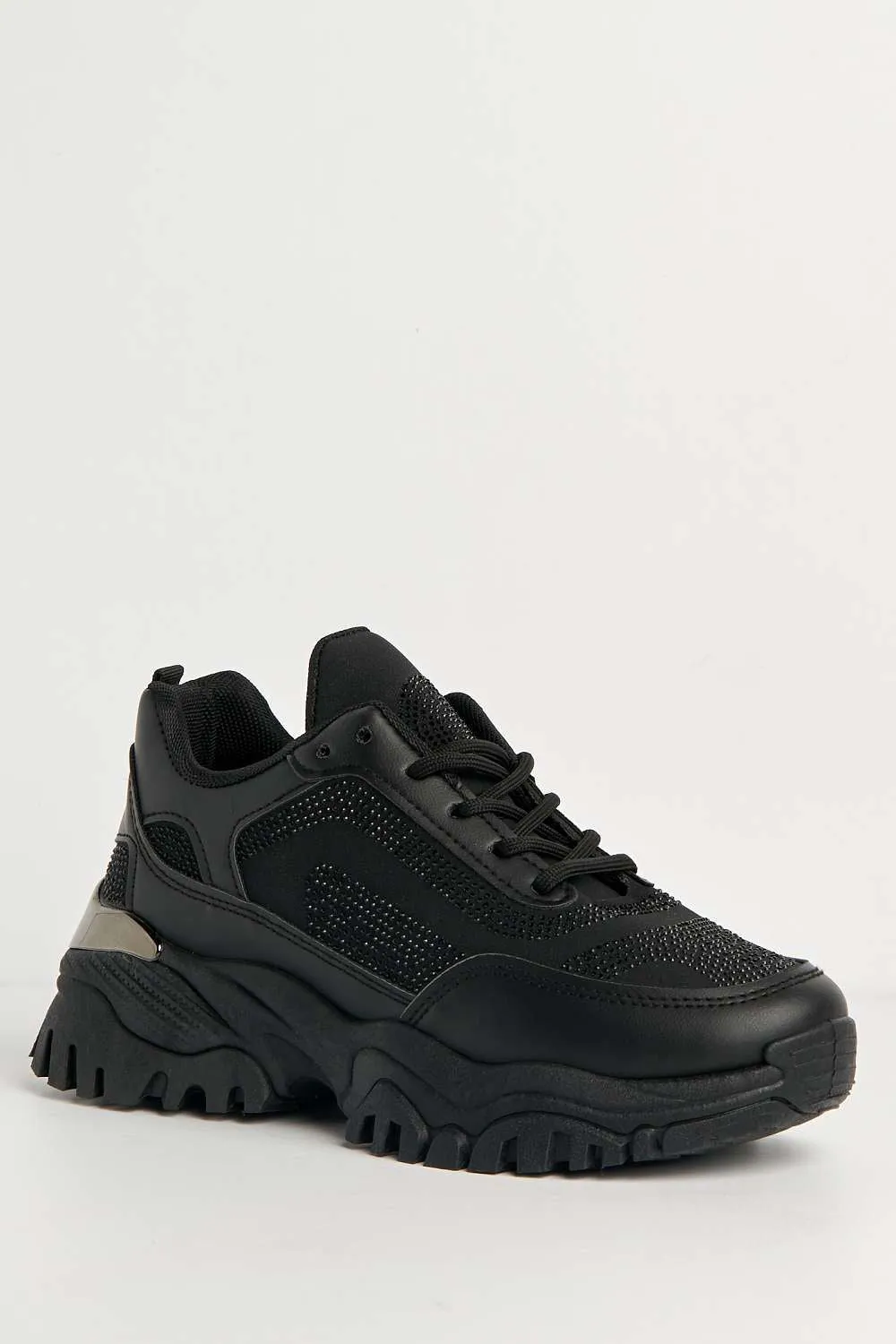 Eva Diamante Embellished Chunky Sole Lace-Up Trainers in Black