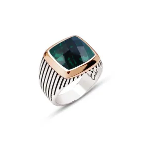 Facet Cut Green Zircon Stone Square Silver Men’s Ring Siding Striped Pattern